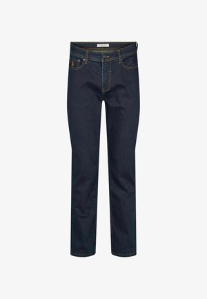 Jeans blu scuro a gamba dritta con cinque tasche, cuciture gialle, chiusura con bottoni e piccolo logo Polo sulla tasca anteriore destra.