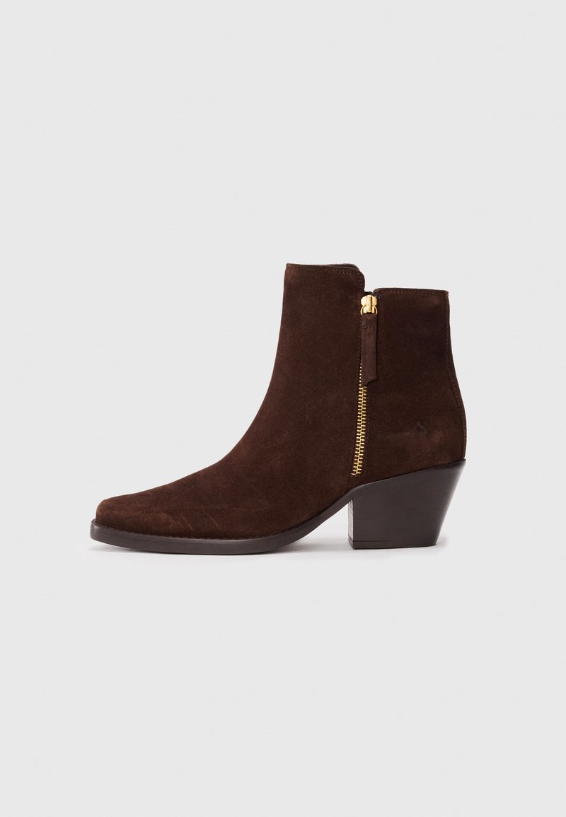 Braune Wildleder-Ankle-Boots mit spitzer Zehenform, seitlichem Reißverschluss und kurzem Blockabsatz. Dezente Textur und elegantes Design.