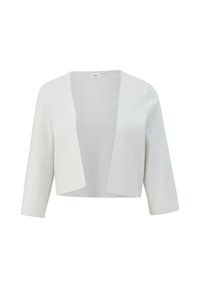 Witte, korte cardigan van gestructureerde breistof; heeft een open voorkant en driekwart mouwen. Strakke, minimalistische stijl.