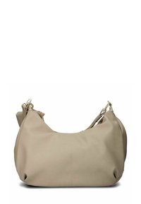 Borsa a spalla in pelle beige con forma arrotondata, texture morbida e hardware dorato sulle cinghie. Presenta una chiusura con zip per la sicurezza.
