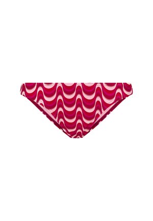 Mutandina da bikini da donna con motivo a strisce ondulate rosa e rosse su sfondo bianco, vista dall'alto.