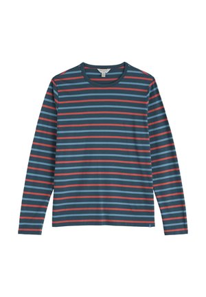 Lange mouwen shirt in marineblauw met rode en lichtblauwe horizontale strepen. Heeft een ronde halslijn en een zachte, gladde textuur.