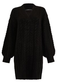 Schwarzer, übergroßer Kabelstrickpullover mit tiefem V-Ausschnitt, gerippten Bündchen und strukturierter Musterung, ausgestattet mit voluminösen, puffigen Ärmeln.