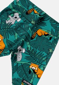 Pantaloni per bambini con motivo di foglie di giungla verdi che presentano koala, panda rossi, rane e un serpente su uno sfondo teal.