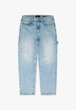 Lichtblauwe denim jeans met een rechte pijpvorm, vijf zakken, subtiele vervaging en een lus aan de zijkant voor extra detail.