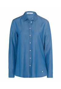 Niebieska koszula z dżinsu z długim rękawem, z wywijanym kołnierzykiem, z przodem zapinanym na guziki, z subtelną teksturą, z małym logo marki na dolnym brzegu.