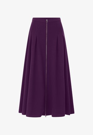 Paarse midi-rok van zachte stof met een rits aan de voorkant, voorzien van plooien voor extra volume en een gladde tailleband.