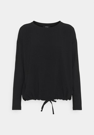 Pull noir à manches longues avec encolure ronde et ourlet ajustable à cordon, présenté sur un fond clair uni.