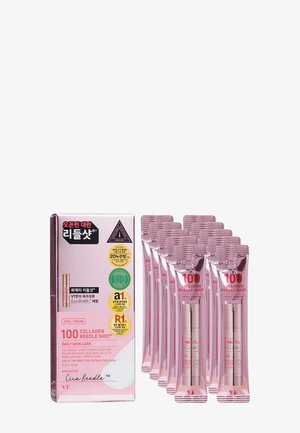 Pakke med kollagen hudplejeskud i pink emballage, med 10 individuelle tuber lined up ved siden af en papæske med produktinformation og ikoner.