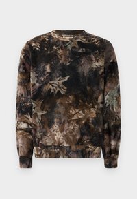 Bruine sweater met camouflagepatroon, ronde hals, lange mouwen en geribbelde manchetten, gemaakt van zachte, gestructureerde stof.