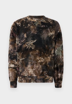 Bruine sweater met camouflagepatroon, ronde hals, lange mouwen en geribbelde manchetten, gemaakt van zachte, gestructureerde stof.