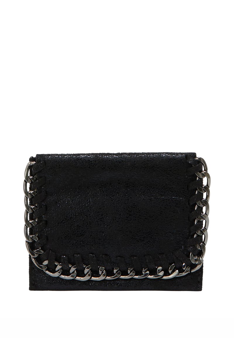 Borsa a tracolla nera in pelle con finitura testurizzata, caratterizzata da un accento a catena lungo il bordo e una forma rettangolare.