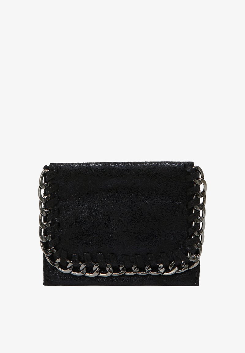 Borsa a tracolla nera in pelle con finitura testurizzata, caratterizzata da un accento a catena lungo il bordo e una forma rettangolare.