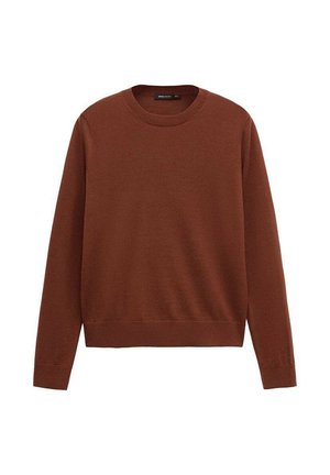 Brązowy sweter z długim rękawem i okrągłym dekoltem, z prążkowanymi mankietami i dolnym wykończeniem, prezentowany na białym tle.