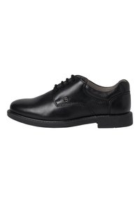 Chaussure habillée en cuir noir avec un bout rond, un système de lacets, une texture lisse et un détail de couture subtile le long de la tige et de la semelle.