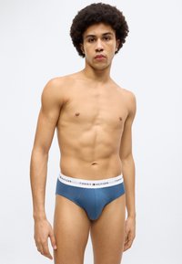 Μπλε σλιπ με λευκή ζώνη μέσης που φέρει το λογότυπο "TOMMY HILFIGER". Απαλό ύφασμα και καλοσχηματισμένος σχεδιασμός. Χωρίς διακριτά μοτίβα ή λεπτομέρειες.