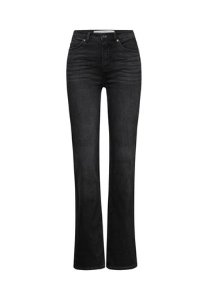 Zwarte flared jeans van denim met een hoge taille, vijf zakken, metalen knoop en lichte slijtage aan de voorkant. Soepele textuur.
