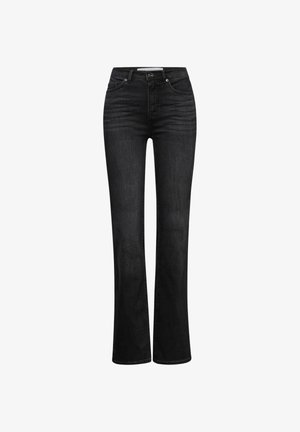 Schwarze Denim-Jeans mit Schlag, hoher Taille, Fünf-Taschen-Design, Metallknopf und leichter Used-Optik an der Vorderseite. Glatte Textur.