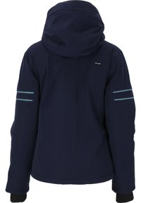 Mörkblå jacka med huva, med turkosa detaljer på ärmarna, tillverkad av ett slätt, vattenavvisande material.