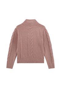 Gestrickter Pullover in staubigem Rosé mit hohem Kragen, Zopfmuster entlang der Schultern und geripptem Saum und Bündchen.