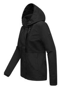 Veste noire à capuche en tissu texturé, avec poches avant, cordons réglables et coupe décontractée. Dotée d'une doublure intérieure lisse.