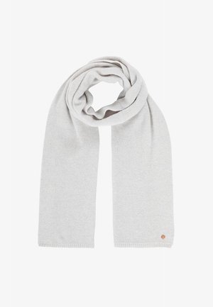Light gray knitted scarf, with a soft texture, featuring a simple design and a small branded accent at one end.