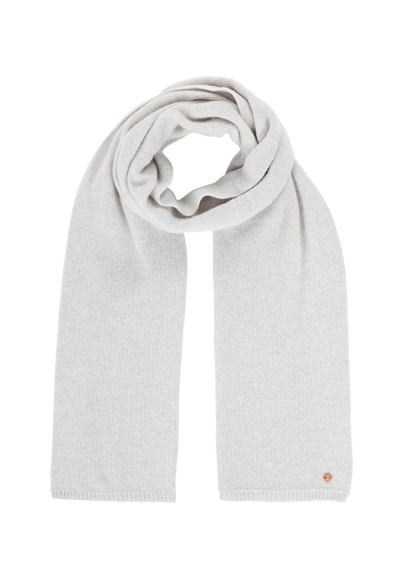 Light gray knitted scarf, with a soft texture, featuring a simple design and a small branded accent at one end.