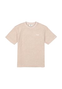 Camiseta de manga corta beige, hecha de una tela suave, con cuello redondo, que presenta un pequeño logo blanco en el pecho y una etiqueta en la manga.