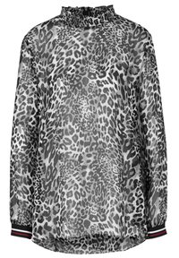 Doorzichtig blouse met lange mouwen in zwart en grijs luipaardprint, voorzien van een geplooide sch eindeck en gestreepte manchetten. Lichtgewicht, vloeiende stof.