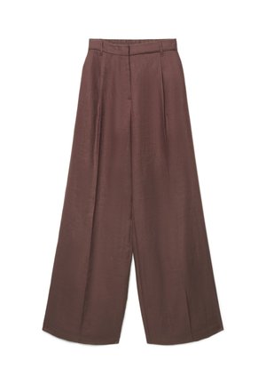 Pantalon taille haute à jambes larges en marron foncé avec passants pour ceinture, plis devant et fermeture avant cachée.