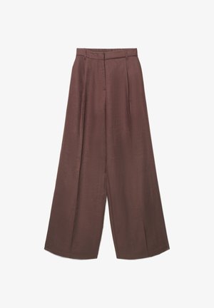 Pantalon taille haute à jambes larges en marron foncé avec passants pour ceinture, plis devant et fermeture avant cachée.