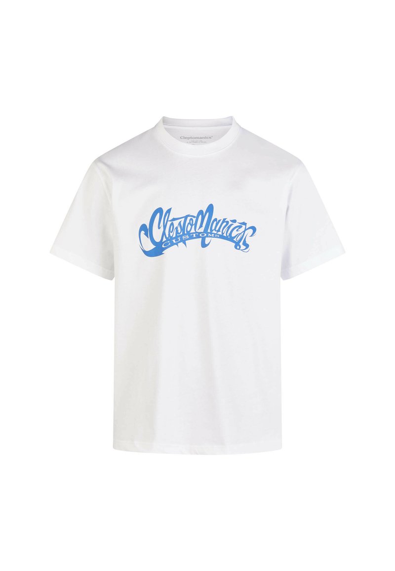 White cotton t-shirt featuring a blue stylized "Cleptomanicx Customs" graphic on the front. Short sleeves, classic crew neck design.
