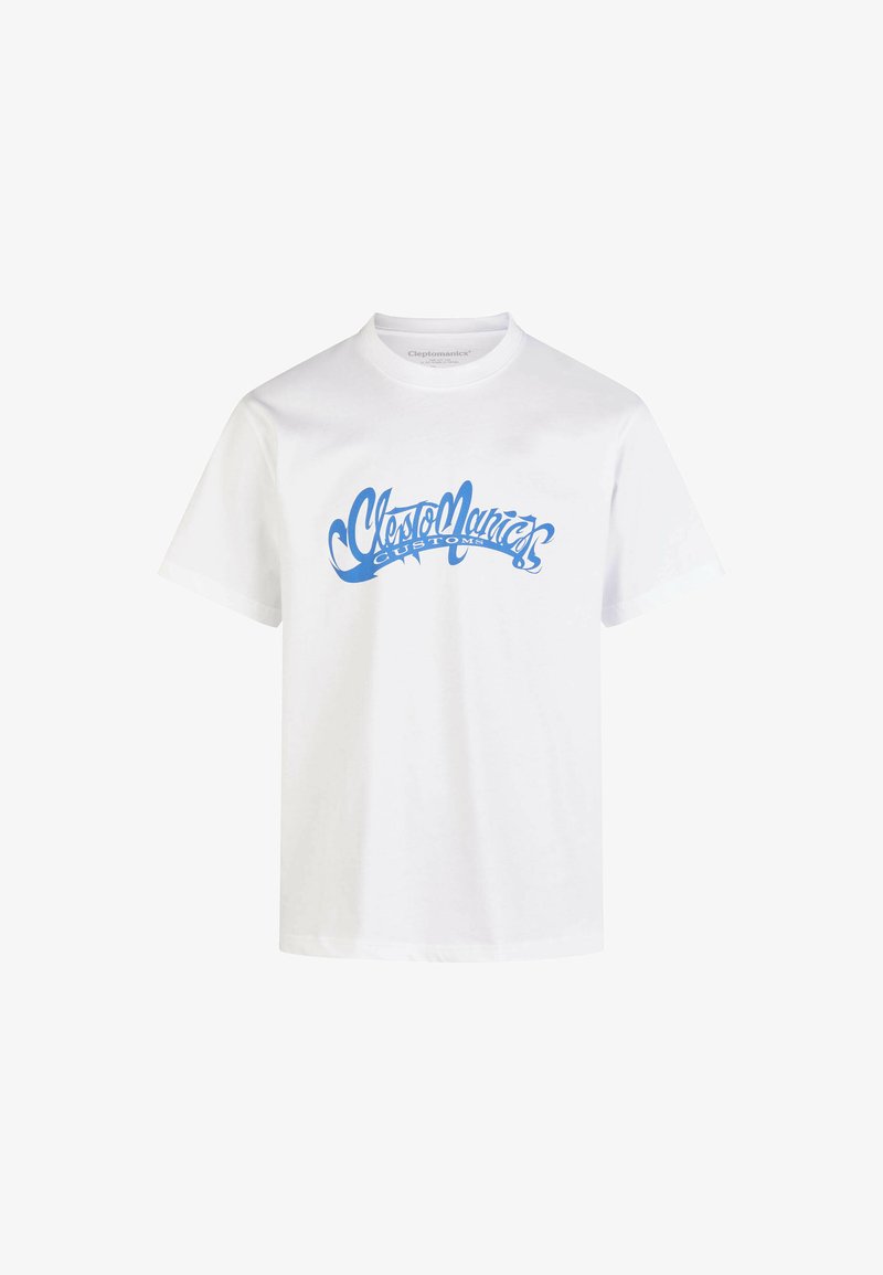 White cotton t-shirt featuring a blue stylized "Cleptomanicx Customs" graphic on the front. Short sleeves, classic crew neck design.