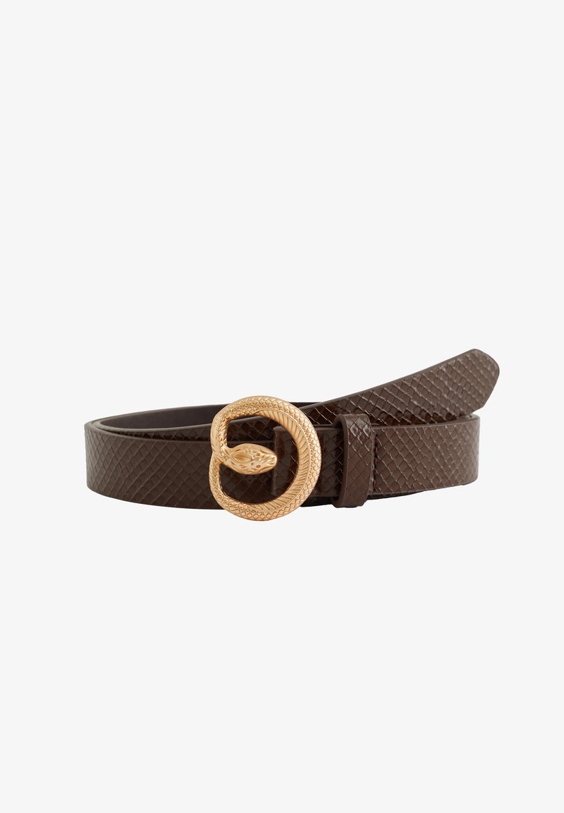 Brown leather belt featuring a textured pattern, adorned with a gold snake-shaped buckle and a smooth end.