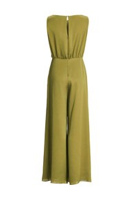 Combinaison sans manches vert olive avec jambes larges, taille froncée et fermeture à bouton goutte d'eau au dos de l'encolure.