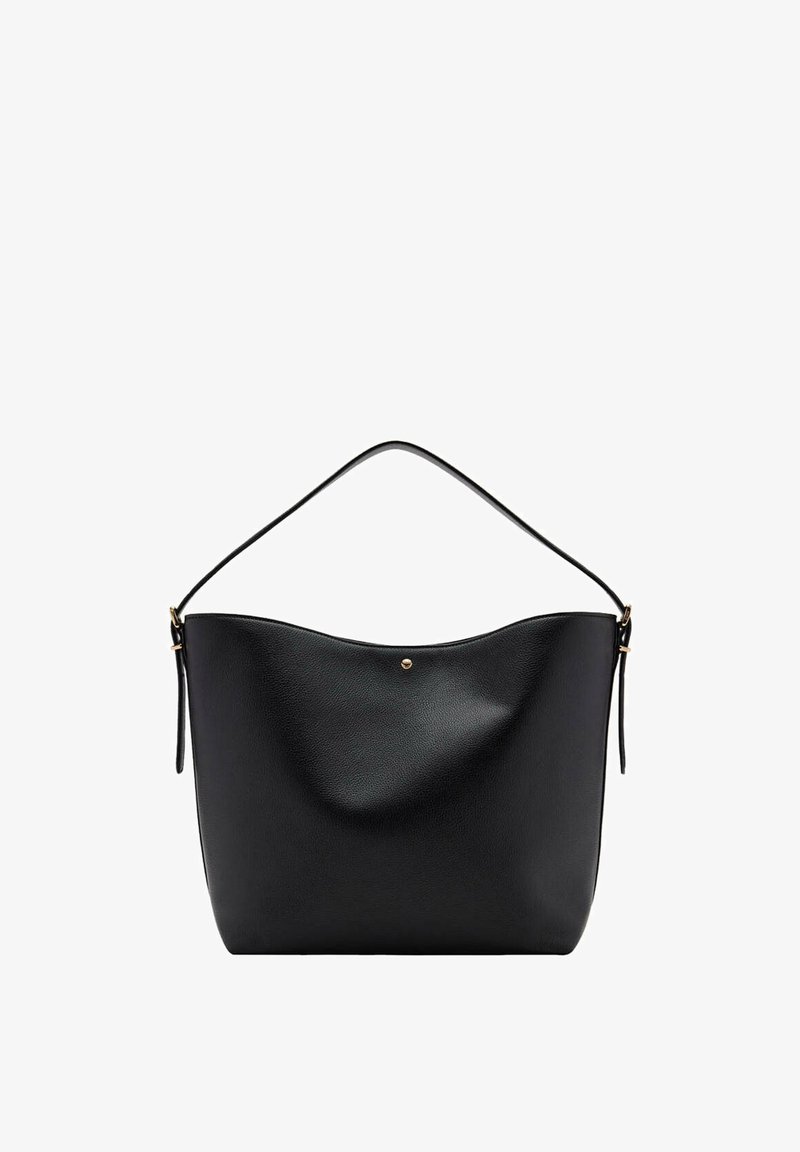 Sac à bandoulière en cuir noir avec une seule sangle et une quincaillerie discrète dorée, avec un bord supérieur lisse et légèrement arrondi.