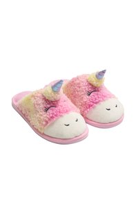 Zapatillas difusas rosas y amarillas con cara de unicornio, ojos cerrados soñolientamente, punta blanca y detalle de cuerno iridiscente. Textura suave, diseño tipo slip-on.