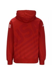 Felpa rossa in cotone con vestibilità comoda. Presenta una grande grafica "USA", un piccolo logo bianco sulla spalla e una toppa a forma di bandiera americana.