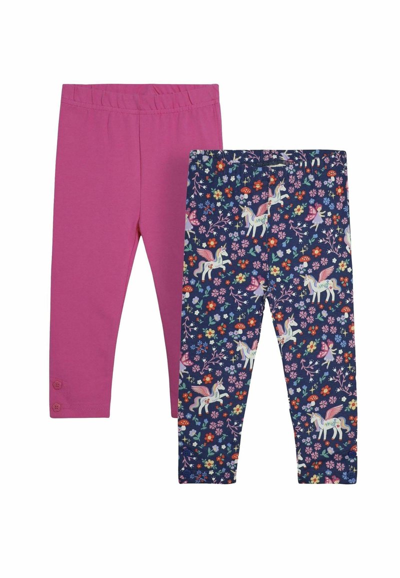 Två par barnleggings: ett par i enfärgad rosa med elastisk midja och knappar; ett par i marinblått med ett färgglatt enhörnings- och blommönster.