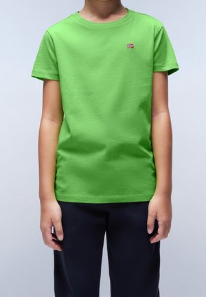 Enfant portant un t-shirt à manches courtes vert vif avec un petit emblème du drapeau norvégien sur la poitrine et un pantalon foncé sur un fond uni.