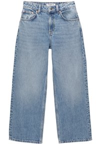 Jean large en denim bleu clair avec taille haute, design à cinq poches et légère décoloration. Fermeture classique par bouton en métal et glissière.