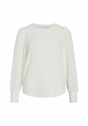 Witte, textuurrijke longsleeve top met een ronde hals, voorzien van pofmouwen en een subtiel bloemmotief door het hele ontwerp. Zachte stofafwerking.