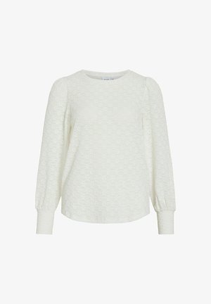 Valge tekstuuriga pikkade varrukatega topp ümmarguse kaelusega, puffvarrukate ja peene lillemustriga. Pehme kangas.