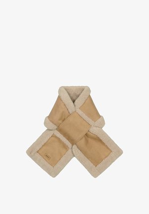 Beige scarf with a soft, textured fleece lining and matching trim. The design features a cross-over style with square accents.