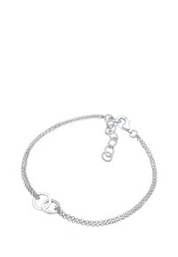 Silverfärgad kedjebrakett med två sammanflätade cirklar, en karbinhake och en justerbar kedja med flera länkar för storleksvariation.