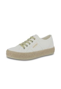 Sneaker bianco in tela con lacci verdi e occhielli in argento, dotato di una suola intrecciata in juta. Design semplice e leggero con un logo minimale.