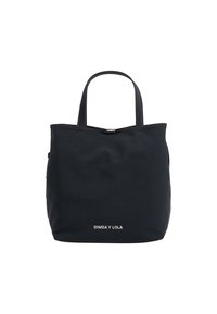 Czarna torba na ramię wykonana z tkaniny, z dwoma mocnymi uchwytami, o ustrukturyzowanym kształcie i białym logo na dole. Minimalistyczny design.