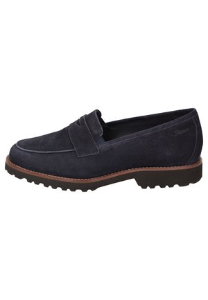 Navy blue suede loafers with a flat rubber sole, stitched detailing, and a subtle band across the top. Textured material and slip-on design.