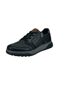 Schwarze Ledersneaker mit strukturiertem Finish, Schnürdesign, Reißverschlussdetails und braunem Akzent an der Ferse, ausgestattet mit einer grauen Gummisohle.