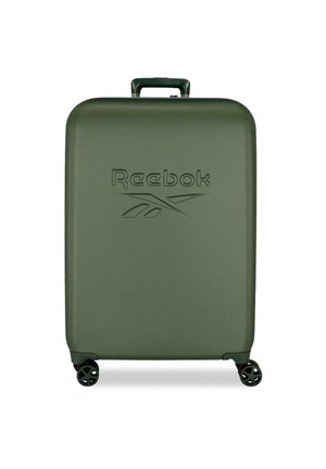 Maleta rígida color verde oliva de Reebok con cuatro ruedas giratorias y un asa superior retráctil.